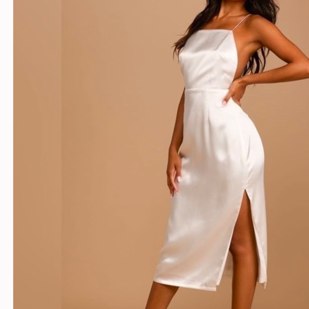 Lulus Adoring Attitude White Satin Column Midi Dress NWT